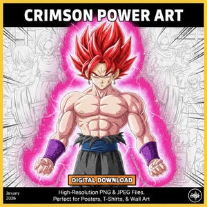 Puede incluir: Ilustración digital de un personaje musculoso con cabello rojo puntiagudo y una expresión decidida, enmarcado por un aura de energía rosa. El texto "CRIMSON POWER ART" está en la parte superior, con "DESCARGA DIGITAL" y otros detalles en la parte inferior.