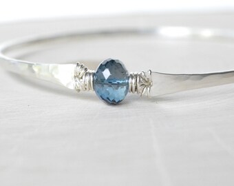 London Blue Topaz Bracelet, Sterling Silver Hammered Bangle Bracelet, 4 Carat Topaz, December Birthstone, Smoky Blue Gemstone Jewelry