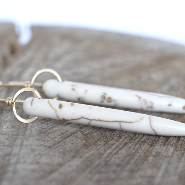 White Turquoise Earrings, Gold Filled, Gemstone Spike Earrings, White and Gold, Boho Gypsy Modern Metalwork, Long, Magnesite, Howlite