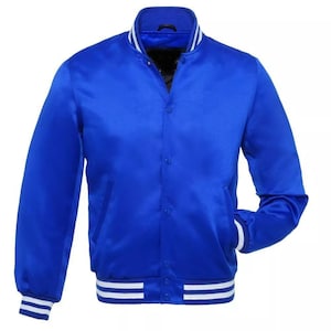 Handmade Royal Blue Satin Bomber Jacket Vintage Varsity Letterman Style Jacket Classic Baseball Bomber Jacket Gift for Her & Him