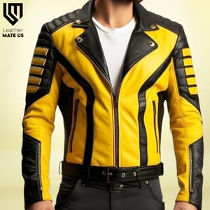 Mens Black and Yellow Biker Jacket Retro Motorcycle Leather Jacket for Men Cafe Racer Streetwear Yellow Leather Racing Jacket Gift for Him