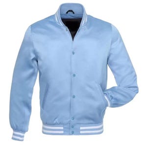 Handmade Blue Satin Varsity Jacket: Unisex Bomber with Striped Cuffs