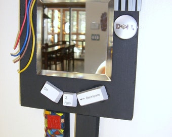 BARBIE - Mirror and figure with recycled computer parts and glass tiles, Nerd gift, Tech Savvy gift, Geek gift,