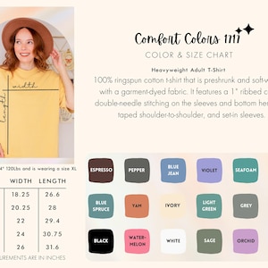 Op de afbeelding: Een maattabel voor Comfort Colors 1111 zware T-shirts voor volwassenen. De tabel toont de maat, de breedte in inches en de lengte in inches voor de maten S, M, L, XL en 2XL. De tabel toont ook een verscheidenheid aan kleuren die beschikbaar zijn voor de T-shirts.