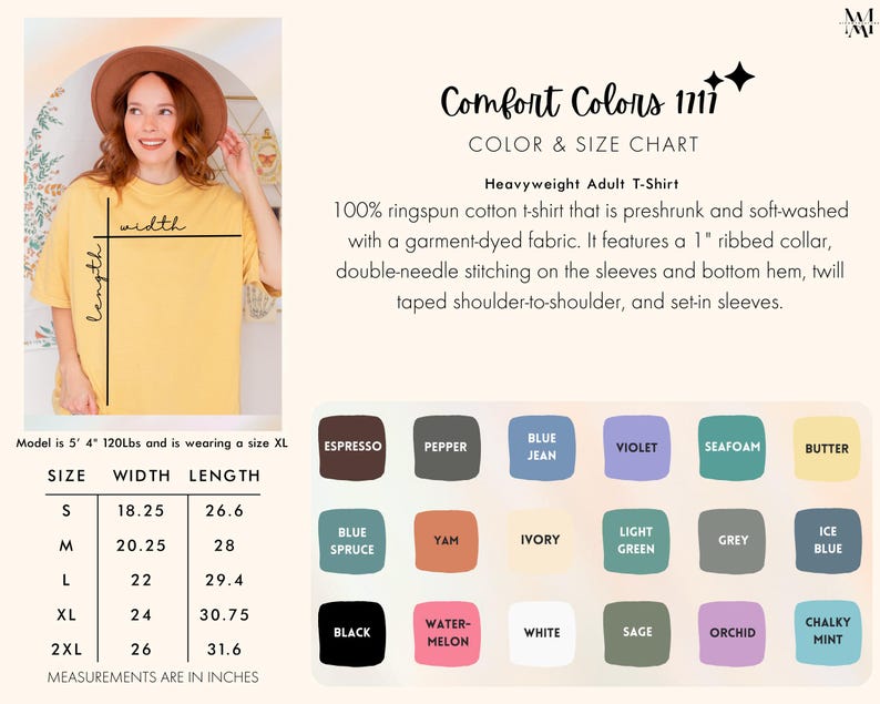 Op de afbeelding: Een maattabel voor Comfort Colors 1111 zware T-shirts voor volwassenen. De tabel toont de maat, de breedte in inches en de lengte in inches voor de maten S, M, L, XL en 2XL. De tabel toont ook een verscheidenheid aan kleuren die beschikbaar zijn voor de T-shirts.