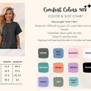 Op de afbeelding: Maattabel voor jeugd t-shirts in verschillende kleuren, waaronder peper, jeansblauw, bloesem, wit, zeeschuim, meloen, orchidee, zwart, violet, grijs en krijtwit. De tabel toont de breedte- en lengtemaat in inches voor maten S, M, L en XL.