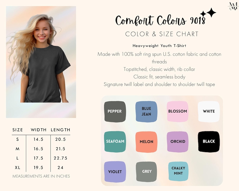 Op de afbeelding: Maattabel voor jeugd t-shirts in verschillende kleuren, waaronder peper, jeansblauw, bloesem, wit, zeeschuim, meloen, orchidee, zwart, violet, grijs en krijtwit. De tabel toont de breedte- en lengtemaat in inches voor maten S, M, L en XL.