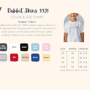 以下が含まれることがあります： ミニマリストデザインの白い幼児用Tシャツ。画像には、インチ単位の測定値を含む色とサイズのチャートが含まれています。チャートには、黒、赤、青などのさまざまな色が表示されます。シャツのテキストは「長さ」と「幅」です。