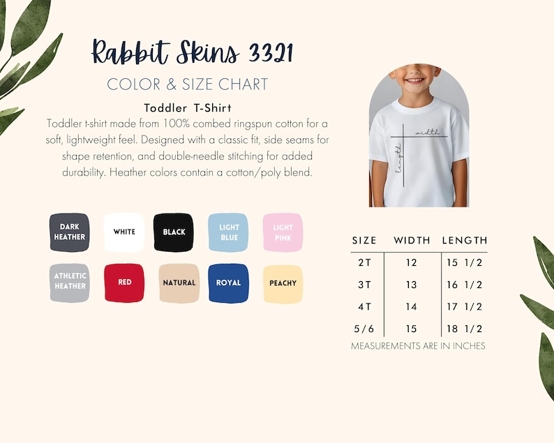 以下が含まれることがあります： ミニマリストデザインの白い幼児用Tシャツ。画像には、インチ単位の測定値を含む色とサイズのチャートが含まれています。チャートには、黒、赤、青などのさまざまな色が表示されます。シャツのテキストは「長さ」と「幅」です。