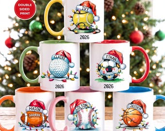 Personalized Sports Christmas Mug 2026, Custom Name Football Baseball Basketball Soccer Golf Cup, Sports Team Gift