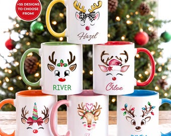 Personalized Reindeer Christmas Mug with Name, Custom Holiday Hot Cocoa Cup, Family Xmas Gift