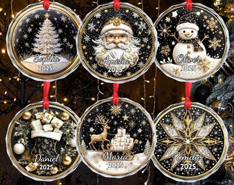 Personalized Black & Gold Christmas Ornament, Custom Holiday Glass Tree Decoration, Xmas Keepsake Gift