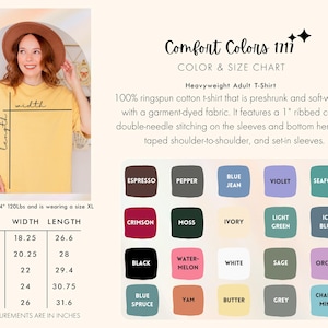 以下が含まれることがあります： 黄色いTシャツを着た女性。Comfort Colors 1711の大人用Tシャツの色とサイズのチャートの一部です。チャートにはインチ単位の測定値と、黒、白、青などのさまざまな色が含まれています。