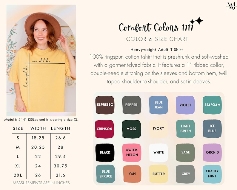 以下が含まれることがあります： 黄色いTシャツを着た女性。Comfort Colors 1711の大人用Tシャツの色とサイズのチャートの一部です。チャートにはインチ単位の測定値と、黒、白、青などのさまざまな色が含まれています。