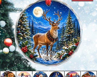 Personalized Christmas Gift Reindeer Glass Ornament, Custom Name Family Holiday Keepsake, Winter Tree Decor