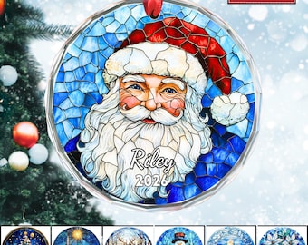 Personalized Santa Stained Glass Style Christmas Ornament, Custom Name Xmas Tree Decor, Holiday Gift for Family
