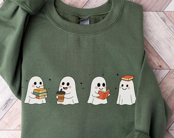 Sudadera de Halloween con fantasmas de libros: cuello redondo de lectura de temporada espeluznante, sudadera con capucha de libros de otoño, sudaderas de fantasmas