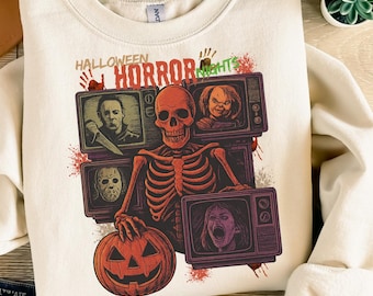 Halloween Horror Nights Horror Characters Sweatshirt: Skräckfilm Crew Neck, Halloween Graphic Sweatshirt, Halloweenpresent, Spooky Season Vibe