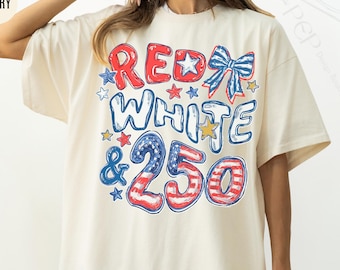 Comfort Colors® Red White & 250 Anniversary Shirt, Coquette Bow Preppy Patriotic Tee, 250 Years Of America T-Shirt, 4th Of July Gift For Her
