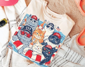 Comfort Colors® 4th of July Cats Shirt, Patriotic Cats 4th of July Tee, 250th Anniversary USA T-Shirt, Patriotic Women's Cat Lover Gift Tee