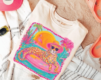 Comfort Colors® Preppy Summer Leopard Shirt, Viral Summer Girly Beach Tee, Retro Leopard T-Shirt, Cute Colorful Summer Vibes Girls Beach Tee