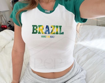 Brazil Soccer Baby Tee, Matching Soccer Nation Crop Tops, Women's Soccer Baby Tee Brazilian Friend Gift, Y2K Brazil Crop Soccer Gift For Her