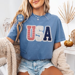Comfort Colors® Coquette USA Patchwork Shirt, Patriotic 4th Of July T-Shirt, Vintage Americana Applique Shirt, Girly Preppy USA Tee For Mom image 3