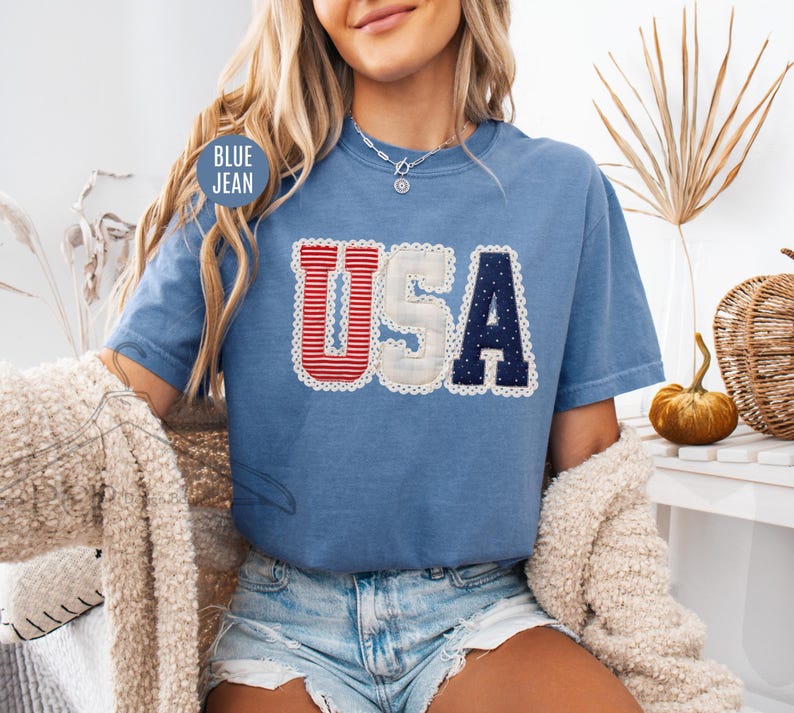 Comfort Colors® Coquette USA Patchwork Shirt, Patriotic 4th Of July T-Shirt, Vintage Americana Applique Shirt, Girly Preppy USA Tee For Mom image 3