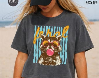 Comfort Colors® Feral Girl Summer Boxy Tee, Preppy Summer Crop Top, Cute Raccoon Bubble Gum Crop, Funny Girly Beach Gift, Beachy Boxy Shirt