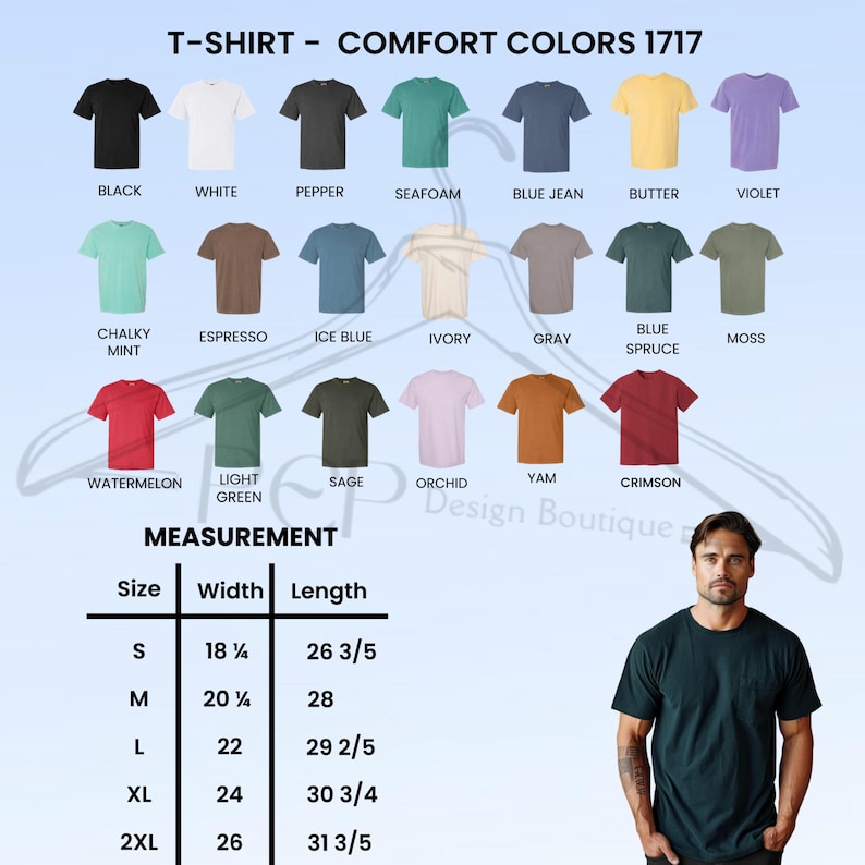 Puede incluir: Imagen de camisetas Comfort Colors 1717 en varios colores, como negro, blanco y azul vaquero. La imagen tambi&eacute;n incluye una tabla de medidas con tallas de la S a la 2XL, con anchos de 46 cm a 66 cm y largos de 67.6 cm a 80.9 cm.