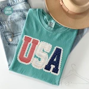 Comfort Colors® Coquette USA Patchwork Shirt, Patriotic 4th Of July T-Shirt, Vintage Americana Applique Shirt, Girly Preppy USA Tee For Mom image 2