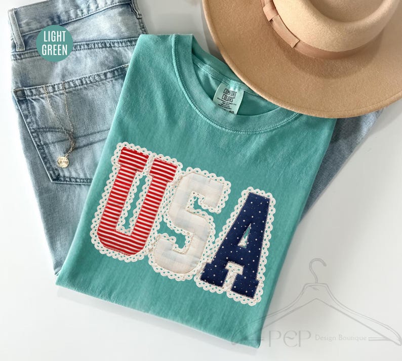 Comfort Colors® Coquette USA Patchwork Shirt, Patriotic 4th Of July T-Shirt, Vintage Americana Applique Shirt, Girly Preppy USA Tee For Mom image 2