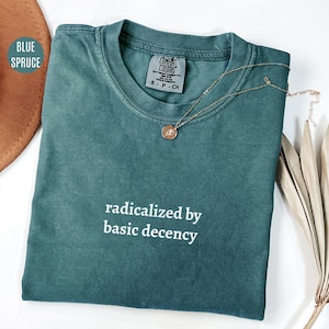 Może przedstawiać: Niebiesko-zielona koszulka Comfort Colors z białym napisem "radicalized by basic decency". Złoty naszyjnik z wisiorkiem spoczywa na koszulce. Koszulka jest złożona na białej powierzchni.