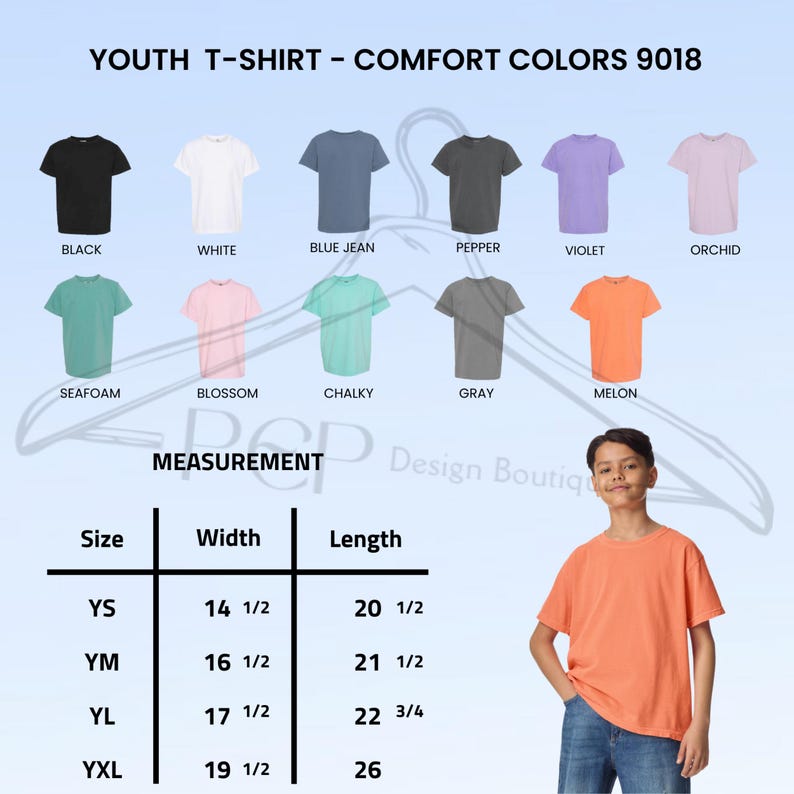 Puede incluir: Imagen de una camiseta juvenil de color mel&oacute;n. La imagen tambi&eacute;n muestra una tabla de tallas con medidas en cm y una tabla de colores con varios colores de camisetas, incluyendo negro, blanco, azul vaquero y violeta.