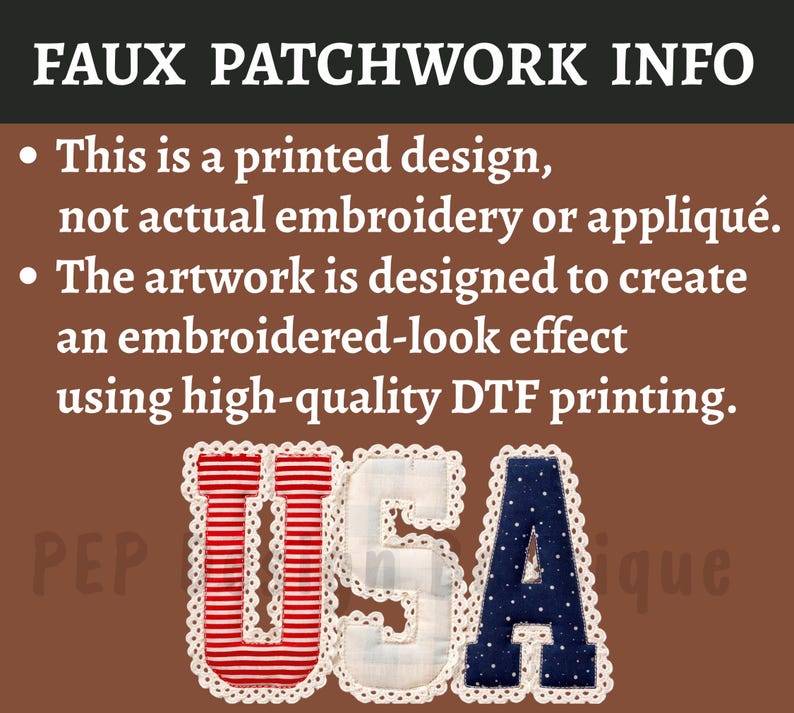 May include: A graphic design featuring the letters USA in a faux patchwork style with a white scalloped border. The U is red and white striped, the S is light blue plaid, and the A is navy blue with white dots. Text reads FAUX PATCHWORK INFO.