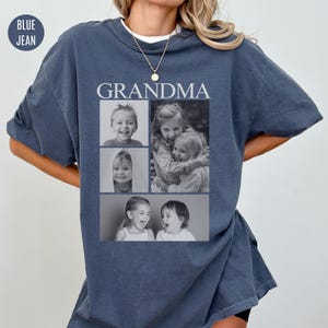 May include: A blue jean t-shirt with the word "Grandma" printed on the front. The shirt features a collage of four black and white photos of children.