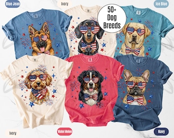Comfort Colors® Dogs 4th Of July Tee, Matching Patriotic Dog Breeds Shirt, USA 250th Anniversary Dog Mom Tees, Red White Blue Dog T-Shirt