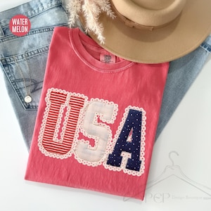 Comfort Colors® Coquette USA Patchwork Shirt, Patriotic 4th Of July T-Shirt, Vintage Americana Applique Shirt, Girly Preppy USA Tee For Mom
