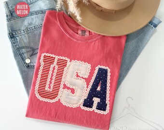 Comfort Colors® Coquette USA Patchwork Shirt, Patriotic 4th Of July T-Shirt, Vintage Americana Applique Shirt, Girly Preppy USA Tee For Mom