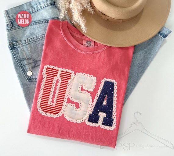 Comfort Colors® Coquette USA Patchwork Shirt, Patriotic 4th Of July T-Shirt, Vintage Americana Applique Shirt, Girly Preppy USA Tee For Mom