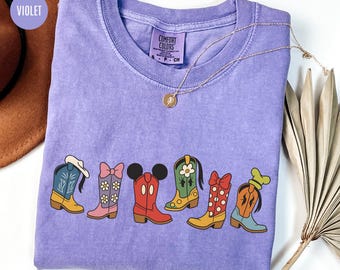 Comfort Colors Disney Mickey And Friends Cowboy Cowgirl Boots Shirt, Disney Family 2025 Trip Matching Shirts, Disney Western Country Tee