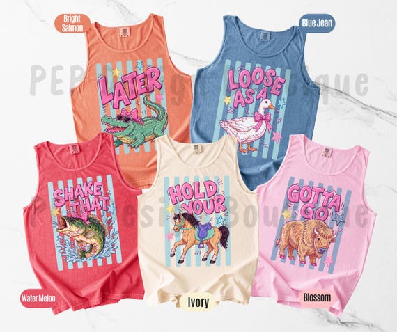 Comfort Colors® Funny Animal Phrase Tanks, Matching Colorful Summer Tees, Shake That Loose As A Goose Tank, Hold Your Horses Later Gator Tee