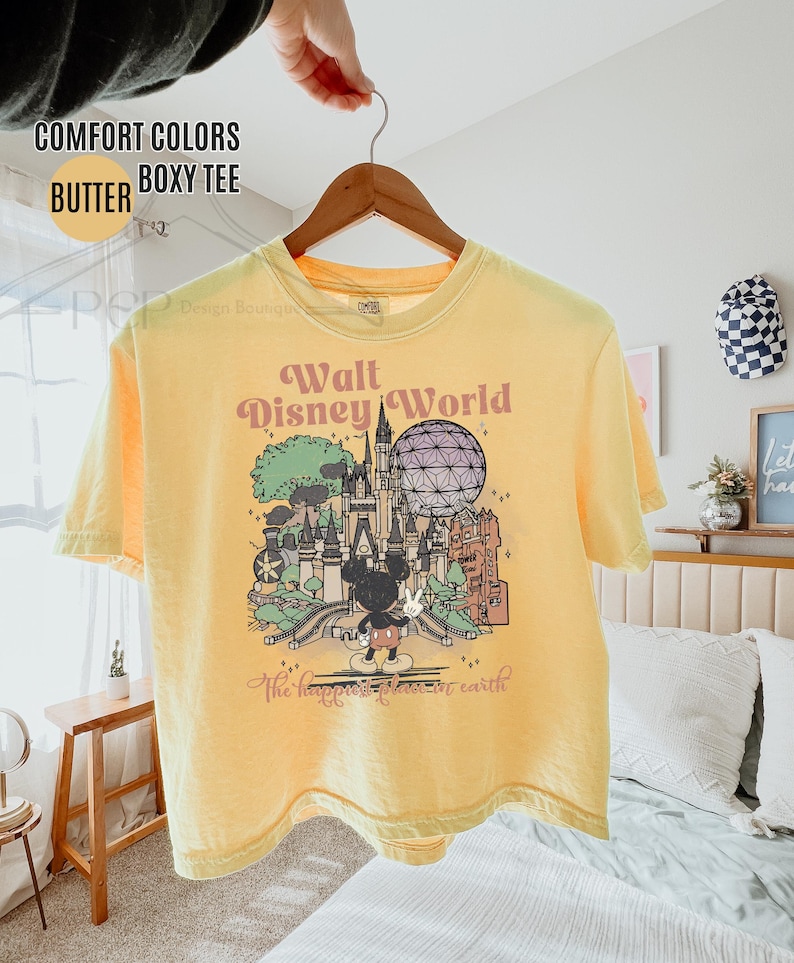 Comfort Colors® Retro Disney World Boxy T-shirt, Happiest Place Disney Crop Top, Vintage Mickey Crop Top, Retro Aquarel Disney T-shirt, Disneyskjorta bild 3