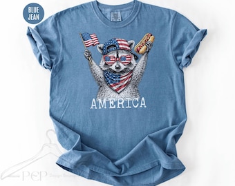 Comfort Colors® 4th Of July Raccoon Shirt, Patriotic American Flag Tee, Retro USA Animal Shirt, Raccoon USA Flag Hot Dog 4th July Kids Shirt
