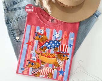 Comfort Colors® Striped Patriotic Dachshund Tee, 4th Of July Weiner Dog Shirt, Retro USA Doxie Vintage T-Shirt, Patriotic Puppy Graphic Tee