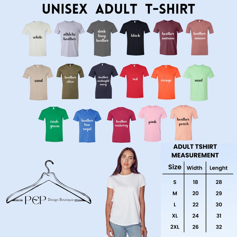 Puede incluir: Un gr&aacute;fico que muestra los diferentes colores y tama&ntilde;os de camisetas unisex para adultos. El gr&aacute;fico incluye 18 colores y tama&ntilde;os diferentes que van de la S a la 2XL. El gr&aacute;fico tambi&eacute;n incluye las medidas de ancho y largo para cada tama&ntilde;o en pulgadas.