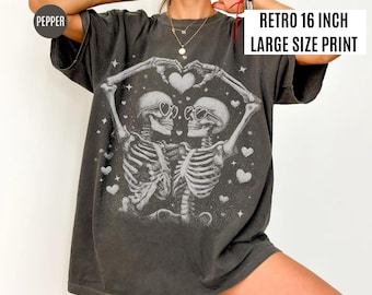 Comfort Colors Skeleton Couple Shirt, Love Skeletons Heart Hands Tee, Romantic Gothic Valentine Skeletons T-Shirt, Gift For Boyfriend Shirt