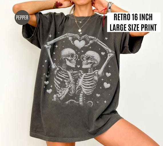 Comfort Colors Skeleton Couple Shirt, Love Skeletons Heart Hands Tee, Romantic Gothic Valentine Skeletons T-Shirt, Gift For Boyfriend Shirt