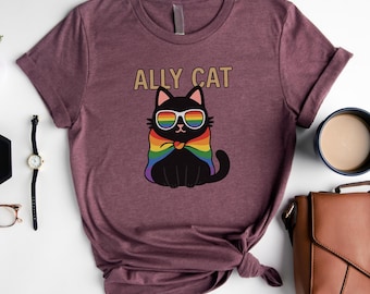 Camiseta Rainbow Cat Ally: Divertida camiseta LGBTQ del orgullo, camiseta Love Is Love, regalo LGBT