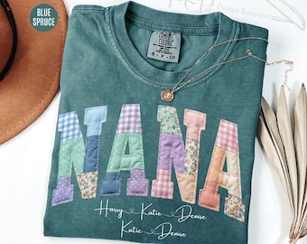 Comfort Colors® Personalized Nana Faux Patchwork T-shirt With Kids Names, Custom Name Floral Mom Shirt, Mothers Day Gift, Grandma Nana Shirt